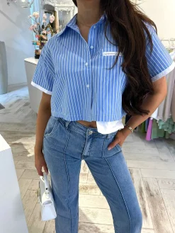 Cheap Beau Cropped Stripe Blouse Blue Tops & Blousjes