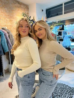 Shop Big Ribbed Col Top Taupe Tops & Blousjes