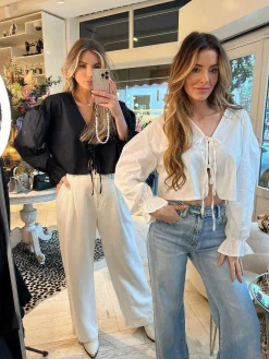 Online Bow Cropped Blouse Black Tops & Blousjes