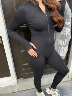 New Comfy Catsuit Zipper Black Jumpsuits