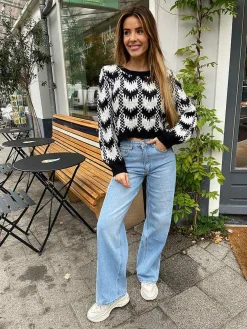 Fashion Cropped Knitted Sequin Sweater Black & White Truien