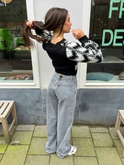 Fashion Cropped Knitted Sequin Sweater Black & White Truien