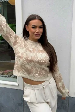 Discount Cropped Knitted Sequin Sweater Beige & Off White Truien