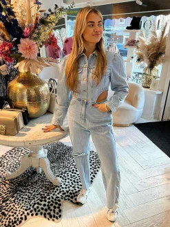 Discount Denim Cut Out Jumpsuit Blue Jumpsuits