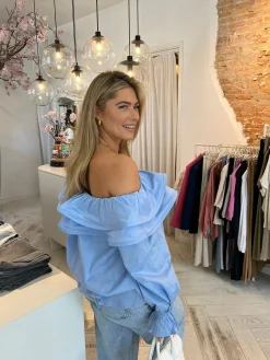 Online Elena Off Shoulder Ruffle Blouse Baby Blue Tops & Blousjes