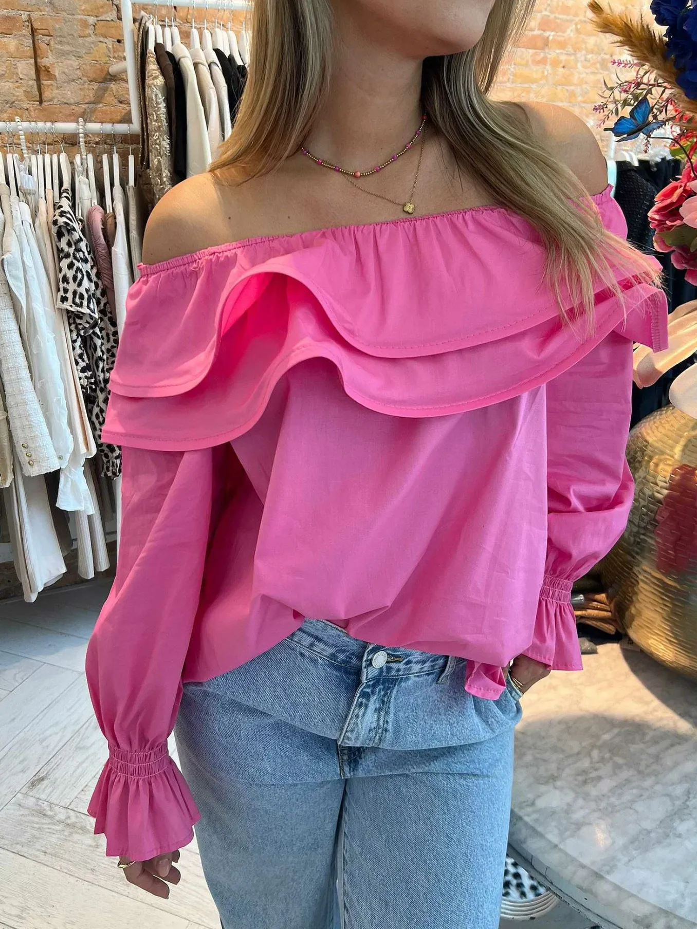 New Elena Off Shoulder Ruffle Blouse Pink Tops & Blousjes