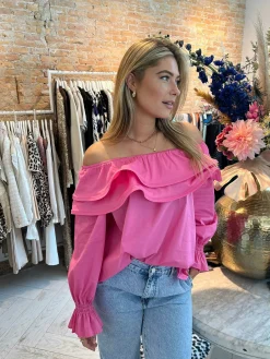 New Elena Off Shoulder Ruffle Blouse Pink Tops & Blousjes