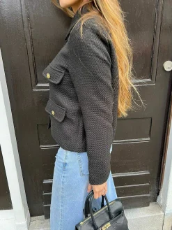 Cheap Elodie Cropped Tweed Jacket Black Blazers