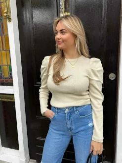 New Fem Puff Long Sleeve Taupe Truien