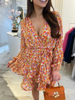 Cheap Livia Flower Ruffle Dress Orange Jurken
