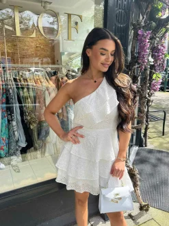 Sale Luna Broderie One Shoulder Dress White Jurken