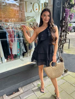 Best Sale Luna Broderie One Shoulder Dress Black Jurken