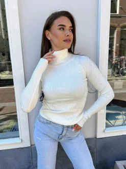 Best Sale Ribbed Col White Tops & Blousjes