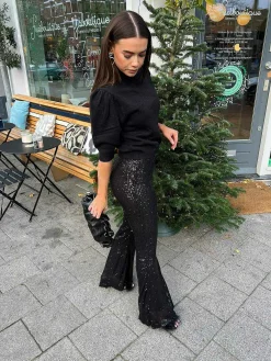 Outlet Sequin Flared Pants Black Broeken