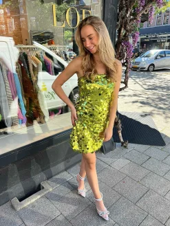 Sale Sequin Strapless Dress Lime Jurken