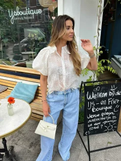 Best Veerle Short Sleeve Broderie Blouse Beige Tops & Blousjes