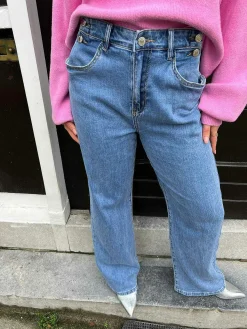 Clearance Wide Leg Button Jeans Blue Broeken