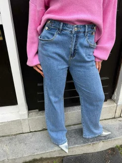 Clearance Wide Leg Button Jeans Blue Broeken