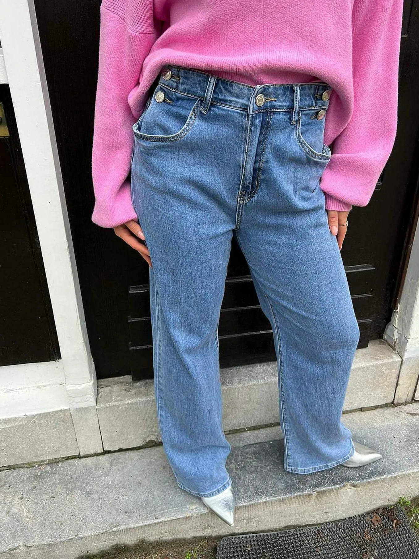 Clearance Wide Leg Button Jeans Blue Broeken