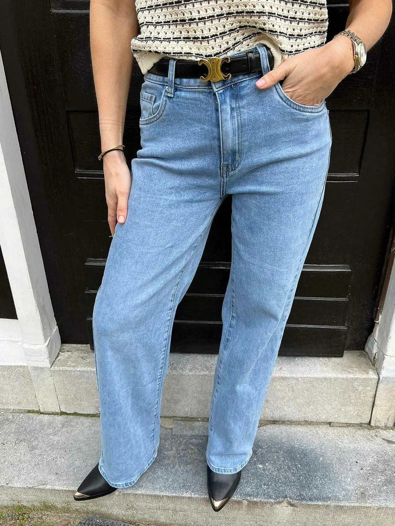 New Wide Leg Heart Pocket Jeans Light Blue Broeken