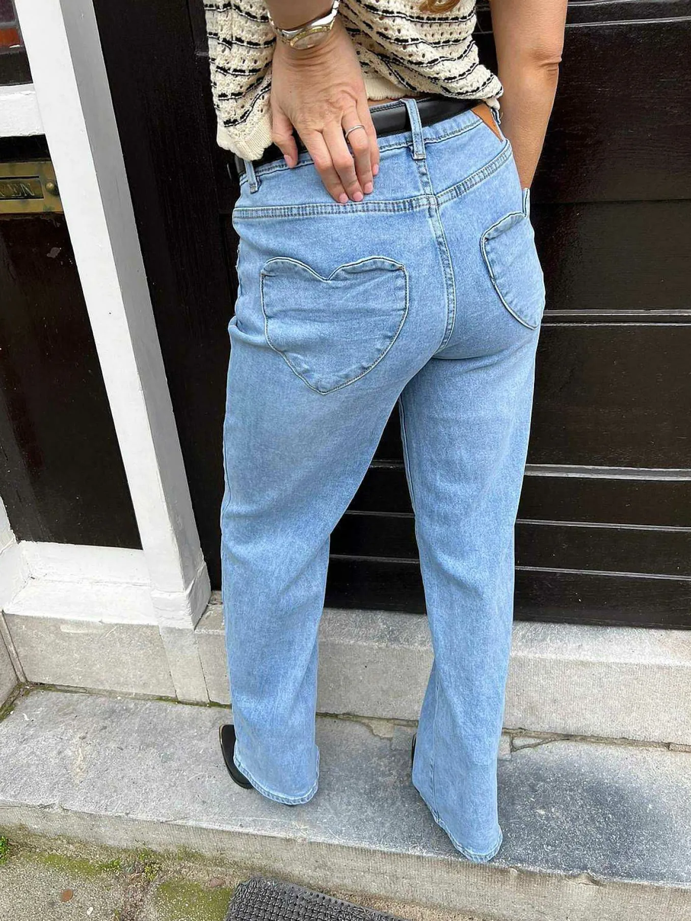 New Wide Leg Heart Pocket Jeans Light Blue Broeken