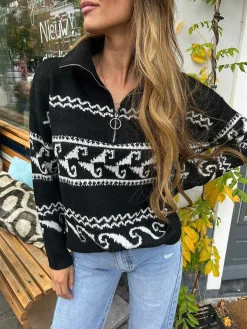 Fashion Zipper Pattern Sweater Black Truien