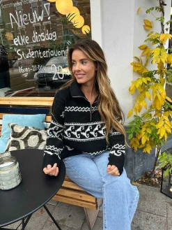 Fashion Zipper Pattern Sweater Black Truien